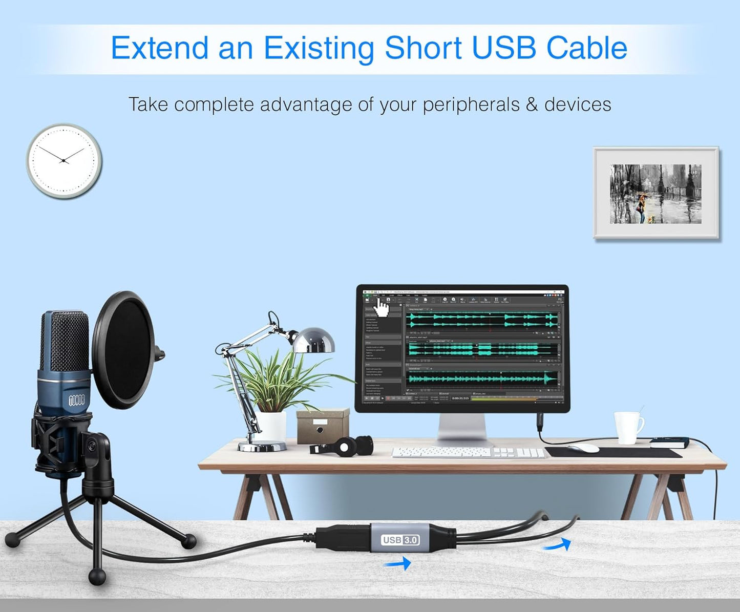 Active USB 3.0 Extension Cable 32FT (5 Gbps USB Extender Cord, In-Wall CL3 Rated) - Long USB Extension Cable for Webcam, VR Headset, Printer, Hard Drive, Keyboard, Mouse