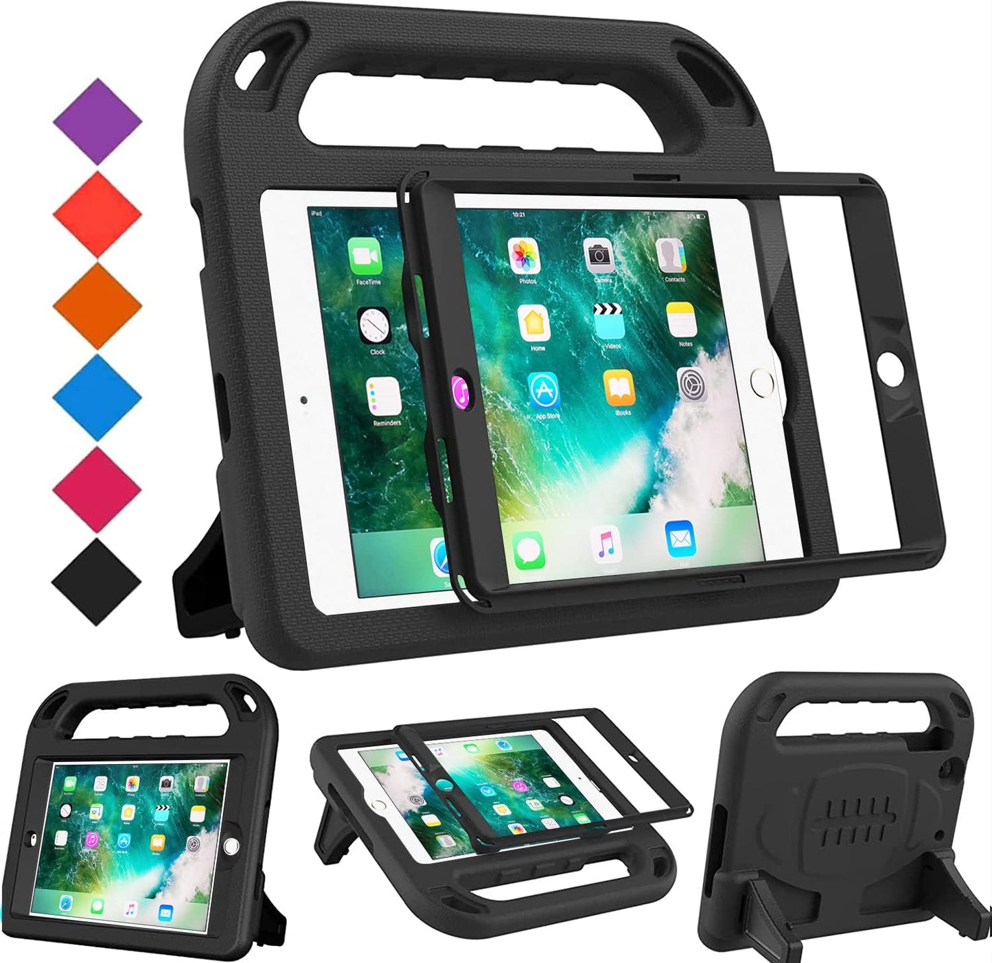 Case for Ipad Mini 1 2 3, Ipad Mini 1/2/3 Case for Kids - Built-In Screen Protector, Shockproof Lightweight Hard Cover Handle Stand Kids Case for Ipad Mini 1St 2Nd 3Rd Generation, Black