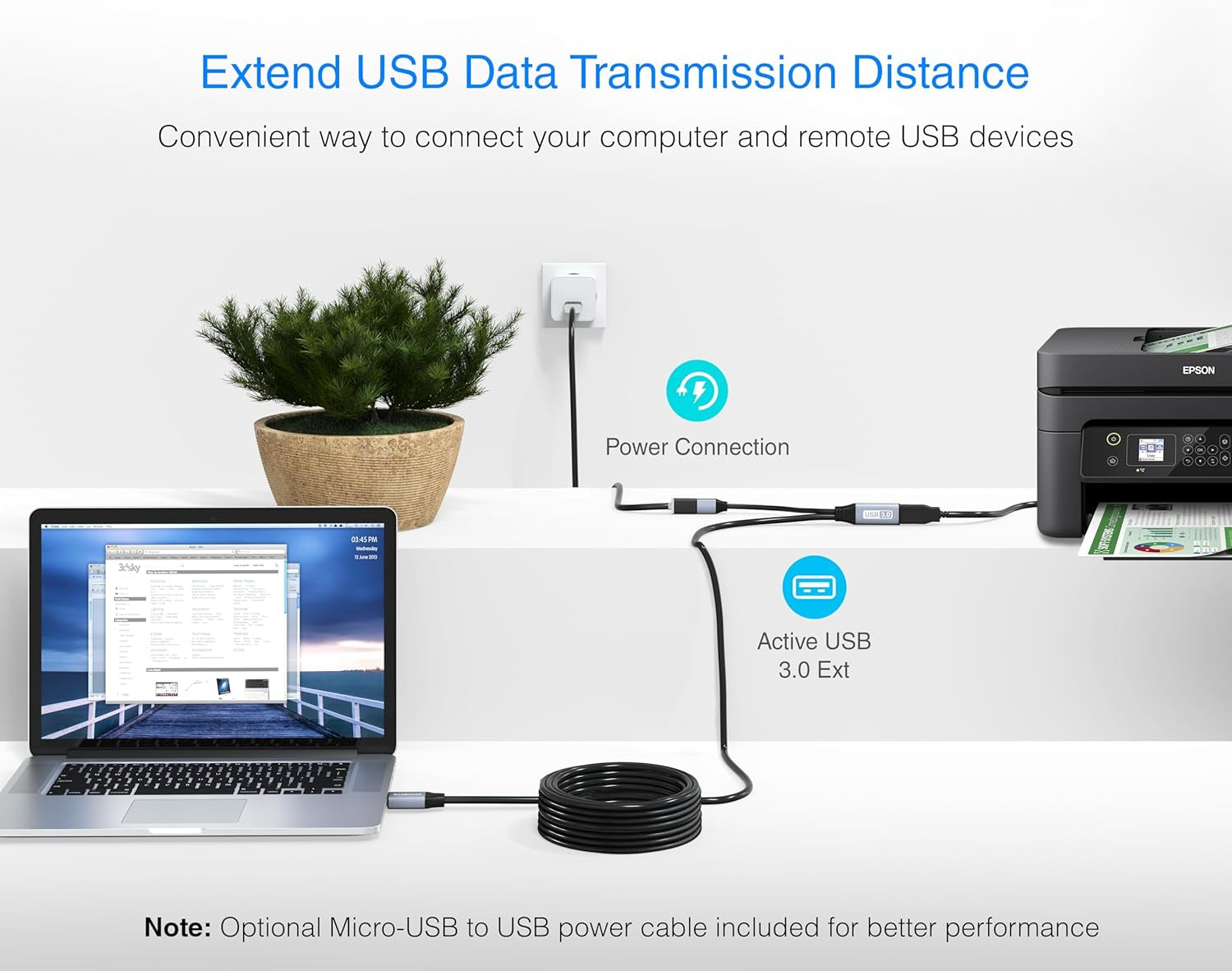 Active USB 3.0 Extension Cable 32FT (5 Gbps USB Extender Cord, In-Wall CL3 Rated) - Long USB Extension Cable for Webcam, VR Headset, Printer, Hard Drive, Keyboard, Mouse