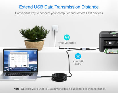 Active USB 3.0 Extension Cable 32FT (5 Gbps USB Extender Cord, In-Wall CL3 Rated) - Long USB Extension Cable for Webcam, VR Headset, Printer, Hard Drive, Keyboard, Mouse